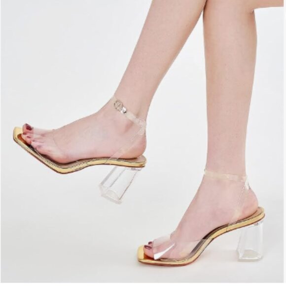 XYD Shoes - XYD Gold Clear Block Heel Open Toe Dressy Summer Transparent Ankle Strap Sandals